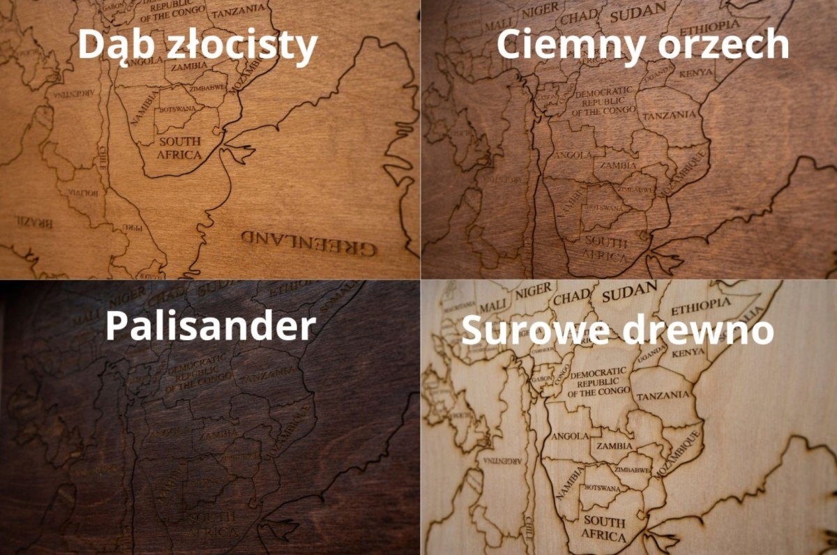 DREWNIANA MAPA ŚWIATA NA ŚCIANĘ Z NAZWAMI PAŃSTW I GRANICAMI, 120X60, 4 KOLORY